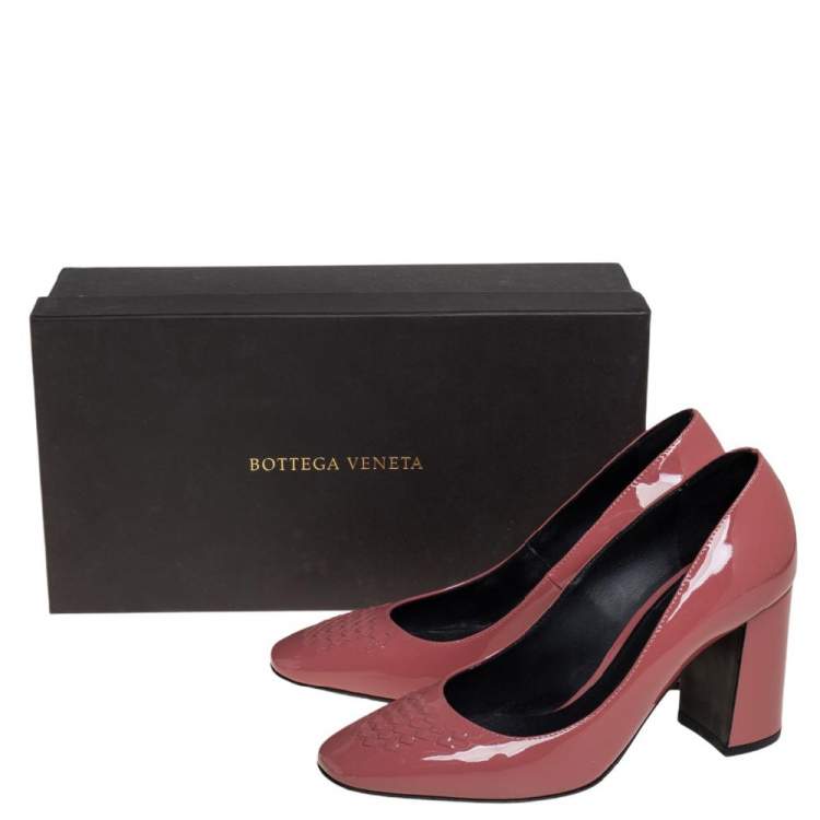 Pre Owned Bottega Veneta Dusty Pink Patent Leather Intrecciato Detail Block Heel Pumps Size 36.5
