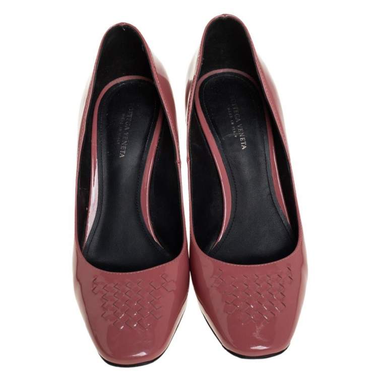 Pre Owned Bottega Veneta Dusty Pink Patent Leather Intrecciato Detail Block Heel Pumps Size 36.5
