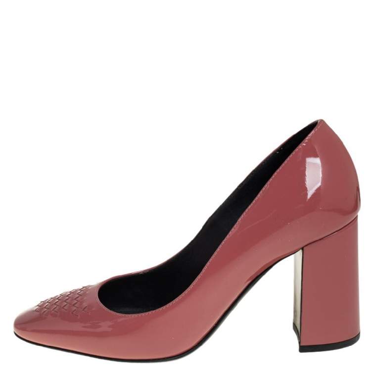 Pre Owned Bottega Veneta Dusty Pink Patent Leather Intrecciato Detail Block Heel Pumps Size 36.5