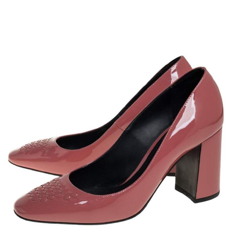 Pre Owned Bottega Veneta Dusty Pink Patent Leather Intrecciato Detail Block Heel Pumps Size 36.5