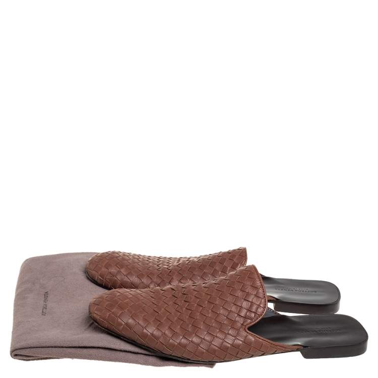 Pre Owned Bottega Veneta Brown Intrecciato Leather Slide Sandals Size 43