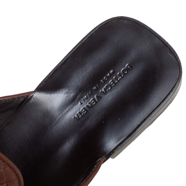 Pre Owned Bottega Veneta Brown Intrecciato Leather Slide Sandals Size 43