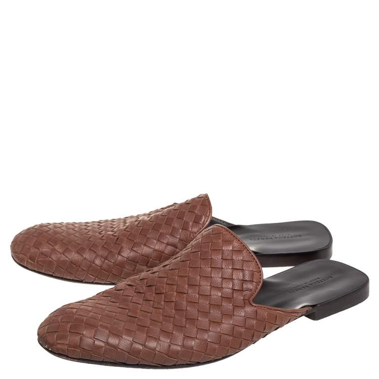 Pre Owned Bottega Veneta Brown Intrecciato Leather Slide Sandals Size 43
