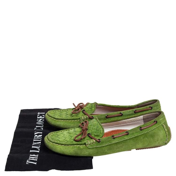 Pre Owned Bottega Veneta Green/Brown Intrecciato Suede Bow Slip On Loafers Size 38.5