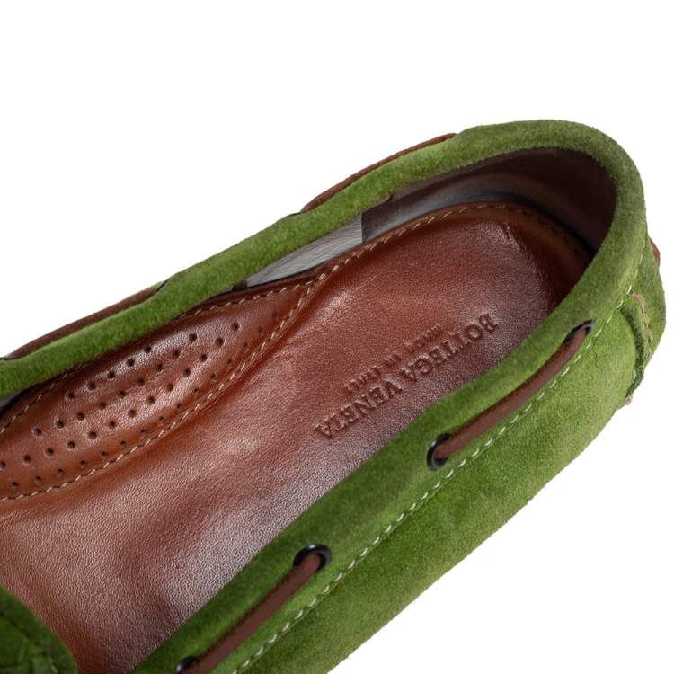 Pre Owned Bottega Veneta Green/Brown Intrecciato Suede Bow Slip On Loafers Size 38.5