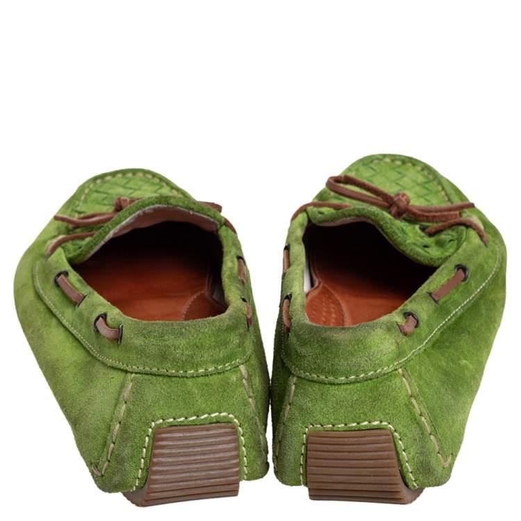 Pre Owned Bottega Veneta Green/Brown Intrecciato Suede Bow Slip On Loafers Size 38.5