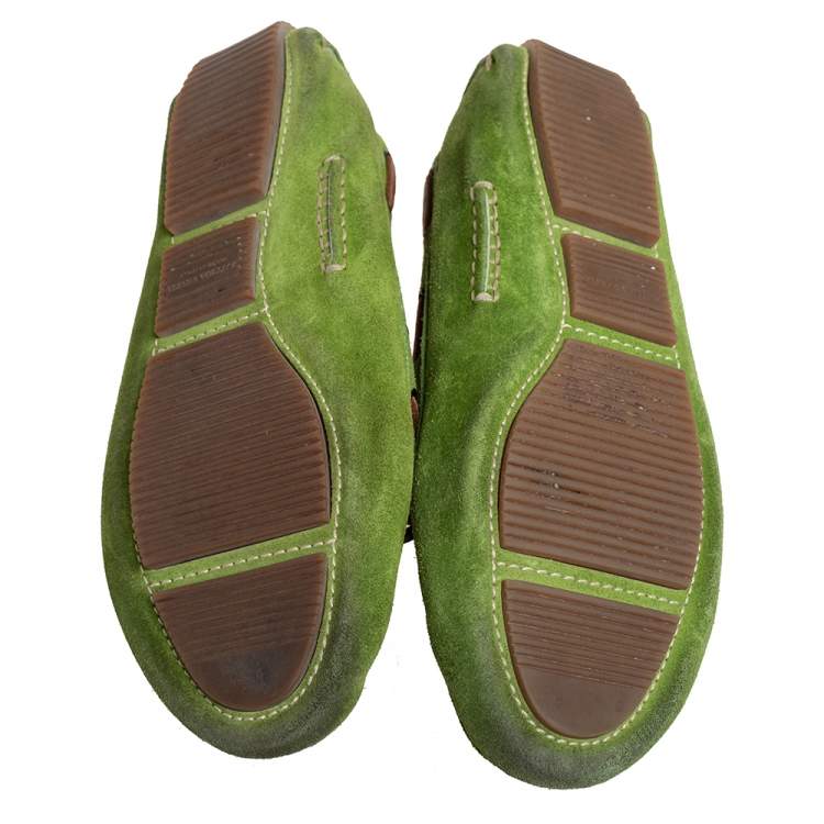 Pre Owned Bottega Veneta Green/Brown Intrecciato Suede Bow Slip On Loafers Size 38.5
