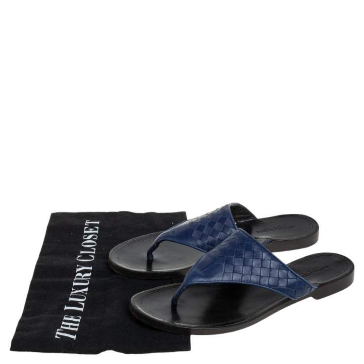 Pre Owned Bottega Veneta Blue Intrecciato Leather Thong Flats Size 37