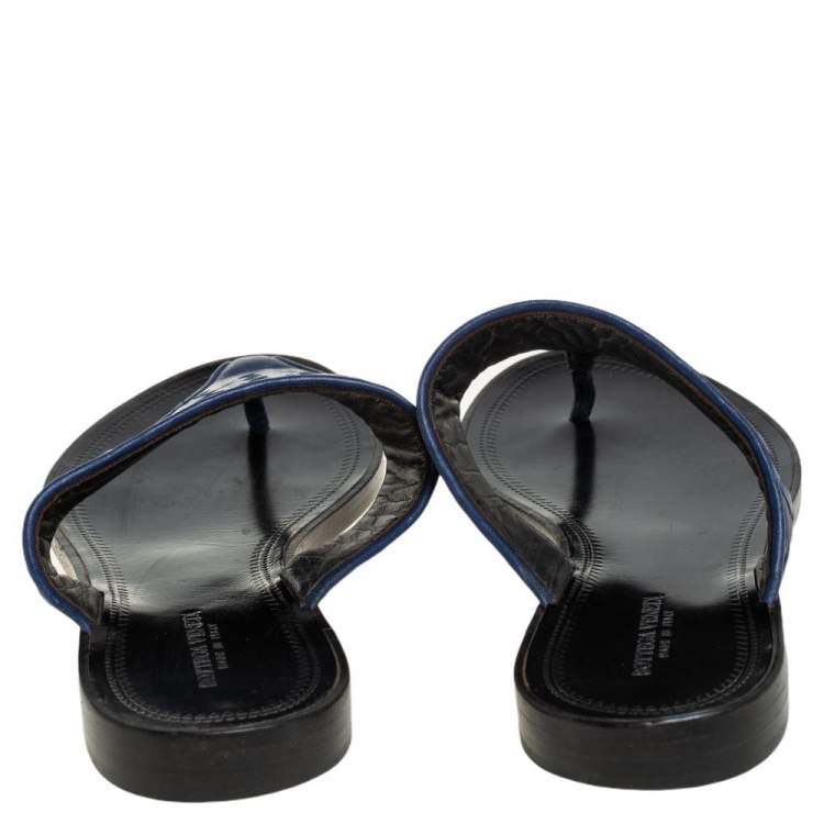 Pre Owned Bottega Veneta Blue Intrecciato Leather Thong Flats Size 37