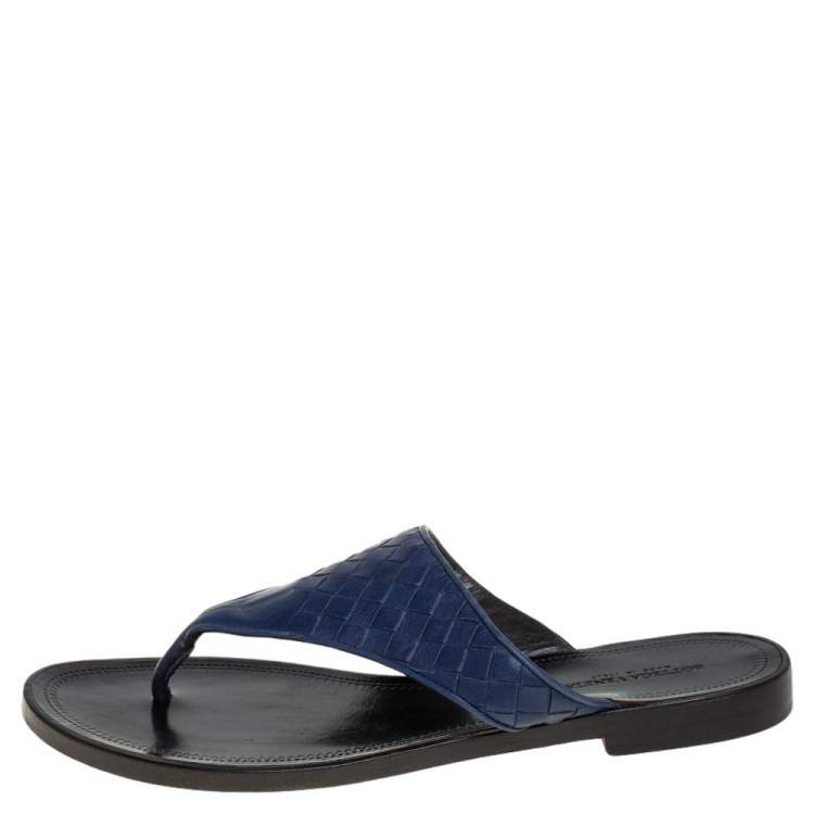 Pre Owned Bottega Veneta Blue Intrecciato Leather Thong Flats Size 37