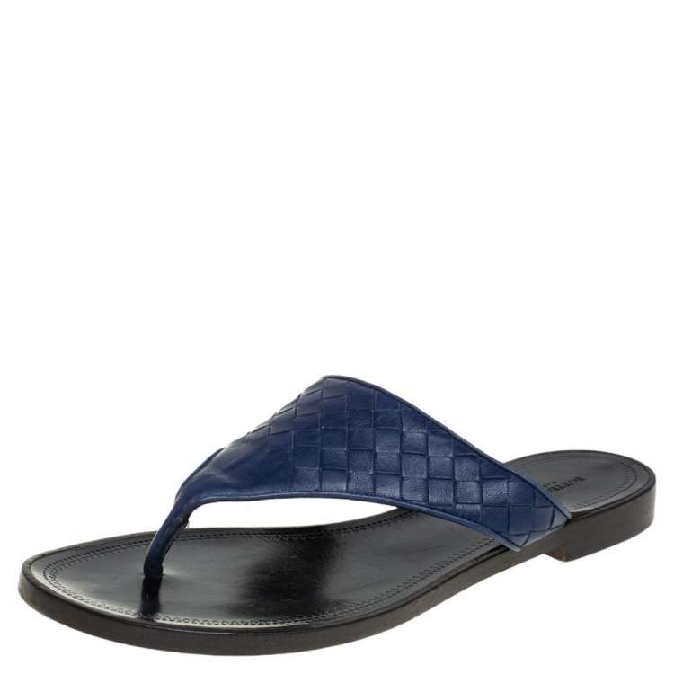 Pre Owned Bottega Veneta Blue Intrecciato Leather Thong Flats Size 37