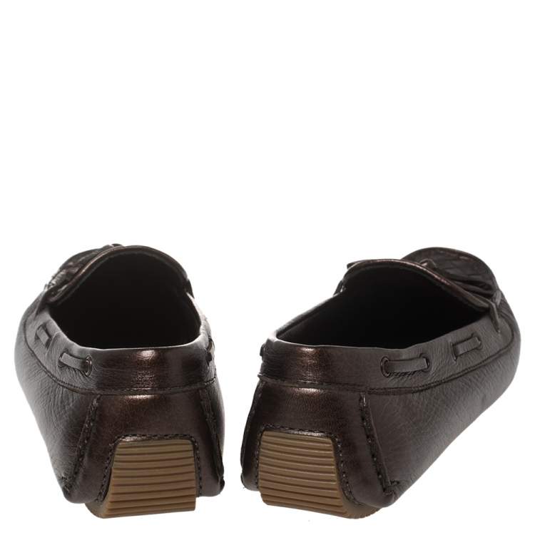 Pre Owned Bottega Veneta Metallic Brown Intrecciato Leather Bow Slip On Loafers Size 38.5