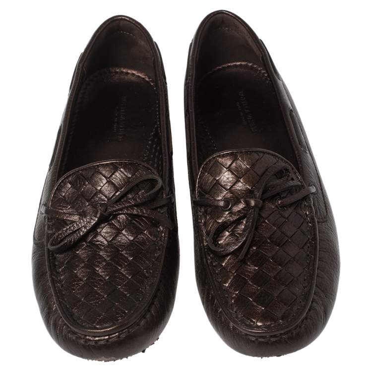 Pre Owned Bottega Veneta Metallic Brown Intrecciato Leather Bow Slip On Loafers Size 38.5