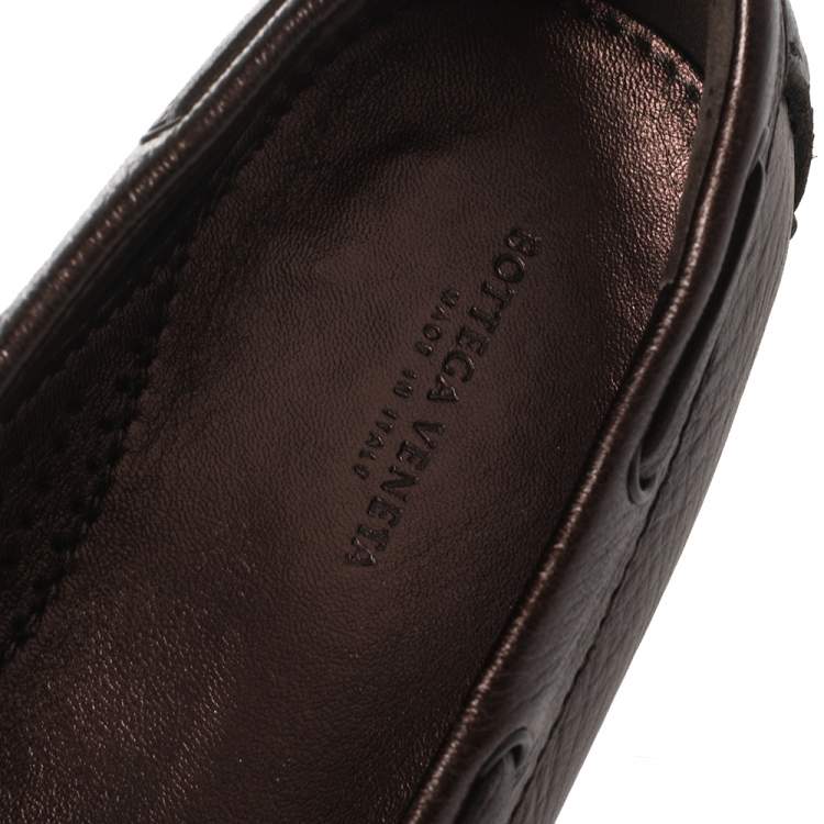 Pre Owned Bottega Veneta Metallic Brown Intrecciato Leather Bow Slip On Loafers Size 38.5