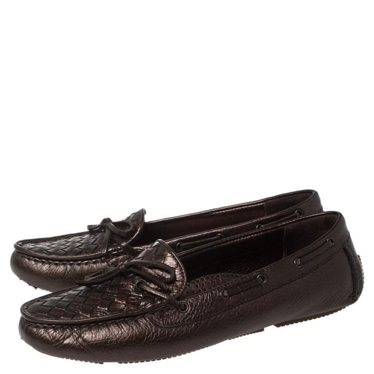 Pre Owned Bottega Veneta Metallic Brown Intrecciato Leather Bow Slip On Loafers Size 38.5