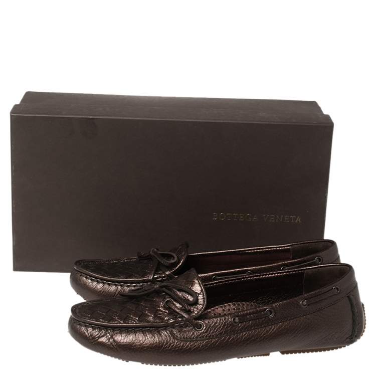 Pre Owned Bottega Veneta Metallic Brown Intrecciato Leather Bow Slip On Loafers Size 38.5