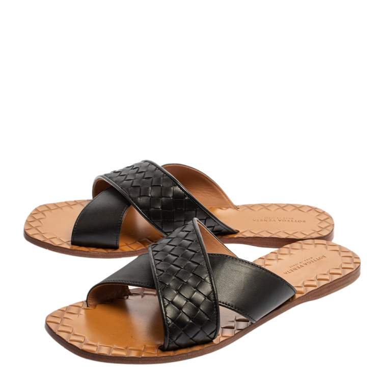 Pre Owned Bottega Veneta Black Intrecciato Leather Ravello Criss Cross Flat Slides Size 39