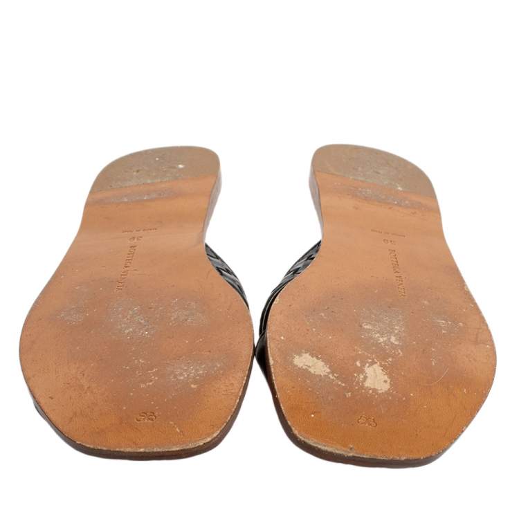 Pre Owned Bottega Veneta Black Intrecciato Leather Ravello Criss Cross Flat Slides Size 39