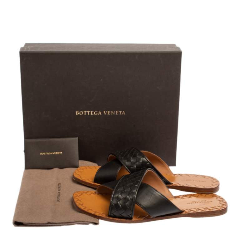 Pre Owned Bottega Veneta Black Intrecciato Leather Ravello Criss Cross Flat Slides Size 39