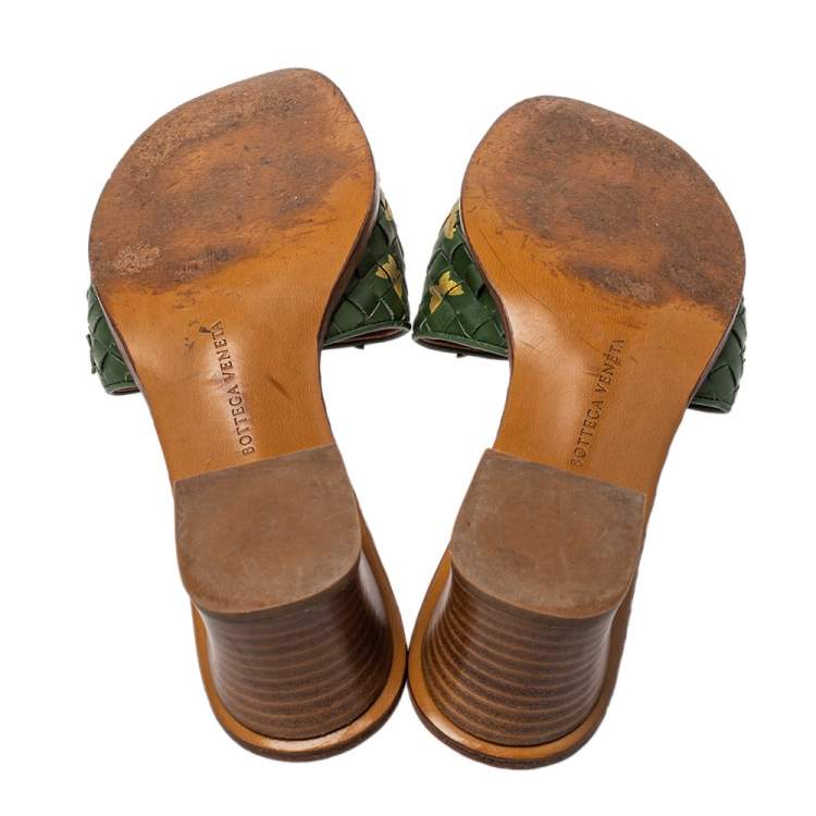 Pre Owned Bottega Veneta Green Intrecciato Leather Butterfly Applique Ravello Slides Size 41