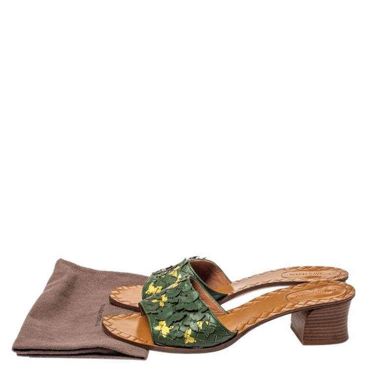 Pre Owned Bottega Veneta Green Intrecciato Leather Butterfly Applique Ravello Slides Size 41