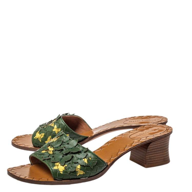 Pre Owned Bottega Veneta Green Intrecciato Leather Butterfly Applique Ravello Slides Size 41