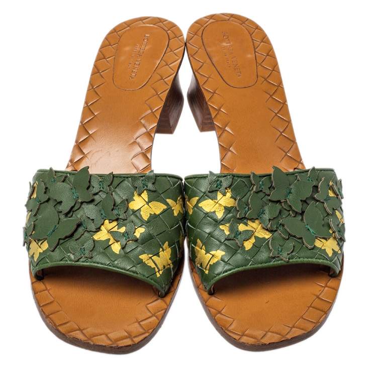 Pre Owned Bottega Veneta Green Intrecciato Leather Butterfly Applique Ravello Slides Size 41