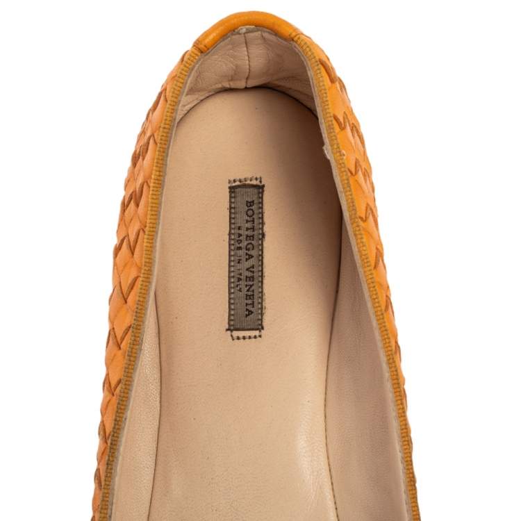 Pre Owned Bottega Veneta Orange Intrecciato Leather Ballet Flats Size 38.5