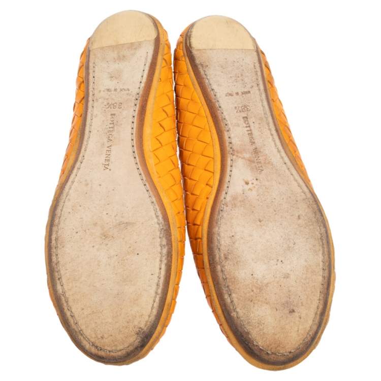 Pre Owned Bottega Veneta Orange Intrecciato Leather Ballet Flats Size 38.5
