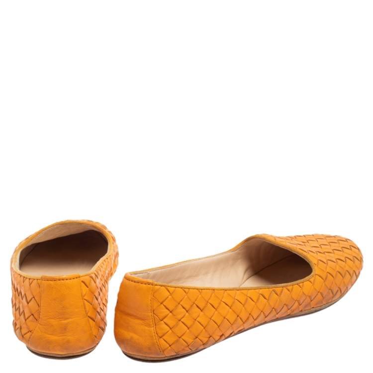 Pre Owned Bottega Veneta Orange Intrecciato Leather Ballet Flats Size 38.5
