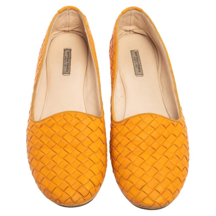 Pre Owned Bottega Veneta Orange Intrecciato Leather Ballet Flats Size 38.5