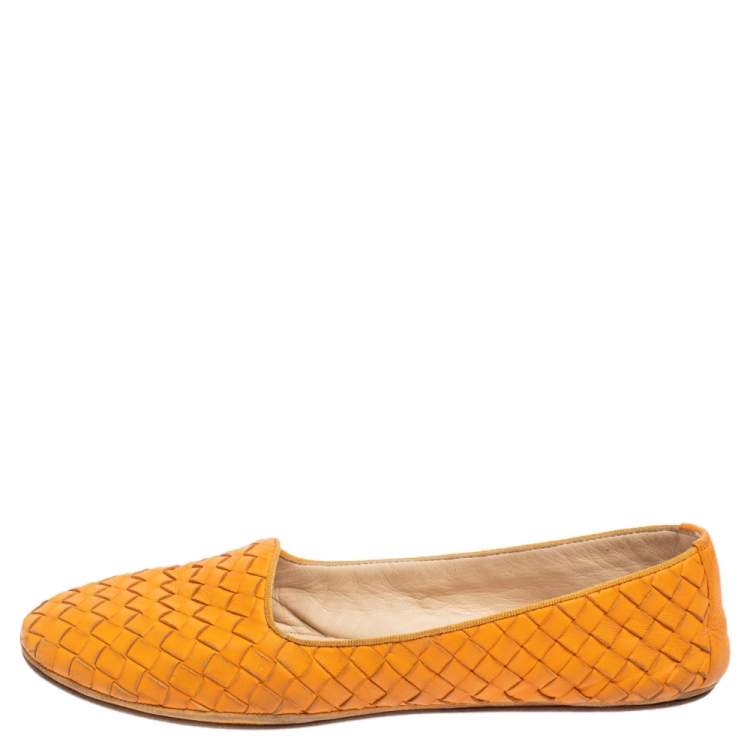 Pre Owned Bottega Veneta Orange Intrecciato Leather Ballet Flats Size 38.5