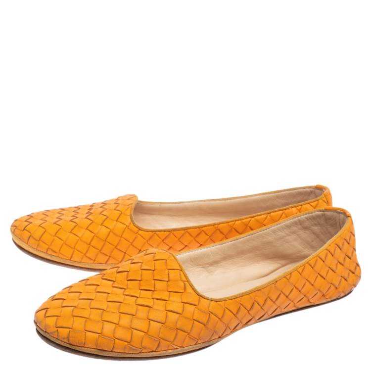 Pre Owned Bottega Veneta Orange Intrecciato Leather Ballet Flats Size 38.5