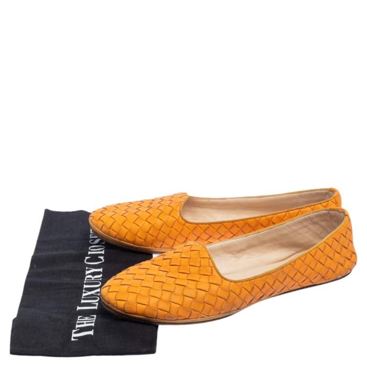 Pre Owned Bottega Veneta Orange Intrecciato Leather Ballet Flats Size 38.5