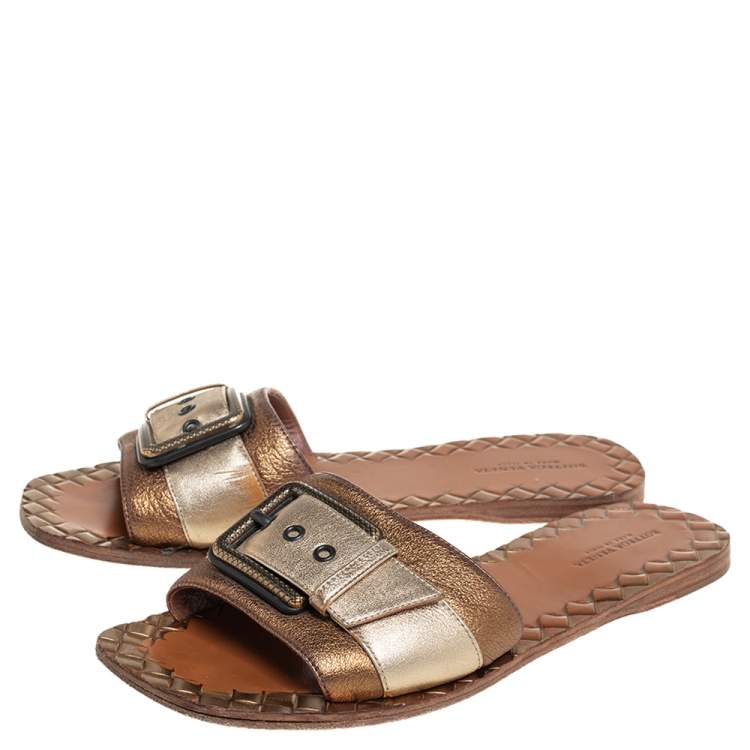 Pre Owned Bottega Veneta Gold/Bronze Leather Buckle Detail Flat Slides Size 38