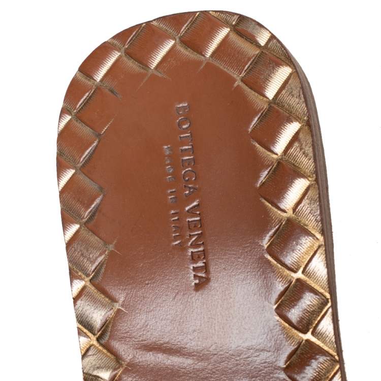 Pre Owned Bottega Veneta Gold/Bronze Leather Buckle Detail Flat Slides Size 38