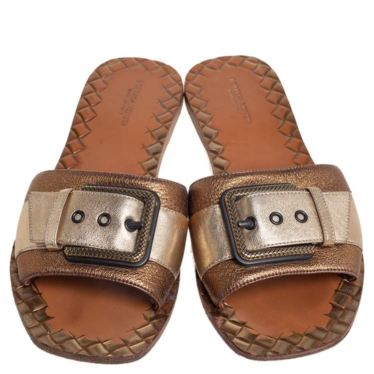 Pre Owned Bottega Veneta Gold/Bronze Leather Buckle Detail Flat Slides Size 38