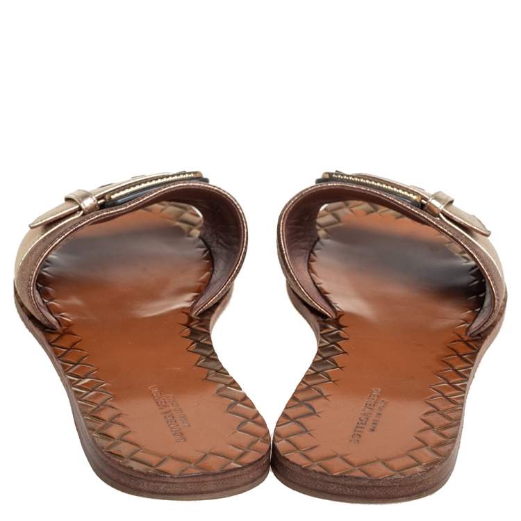 Pre Owned Bottega Veneta Gold/Bronze Leather Buckle Detail Flat Slides Size 38
