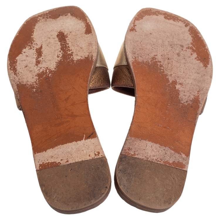 Pre Owned Bottega Veneta Gold/Bronze Leather Buckle Detail Flat Slides Size 38