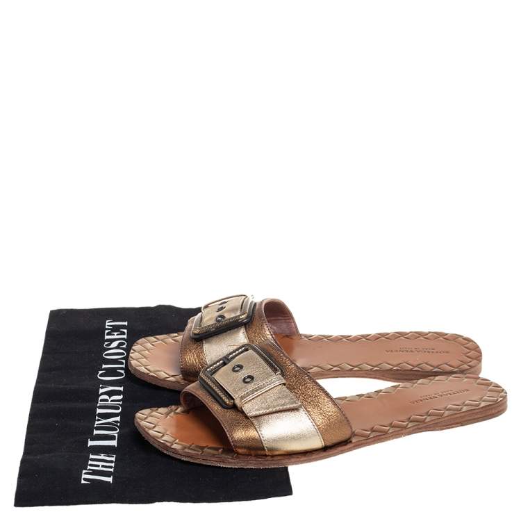 Pre Owned Bottega Veneta Gold/Bronze Leather Buckle Detail Flat Slides Size 38