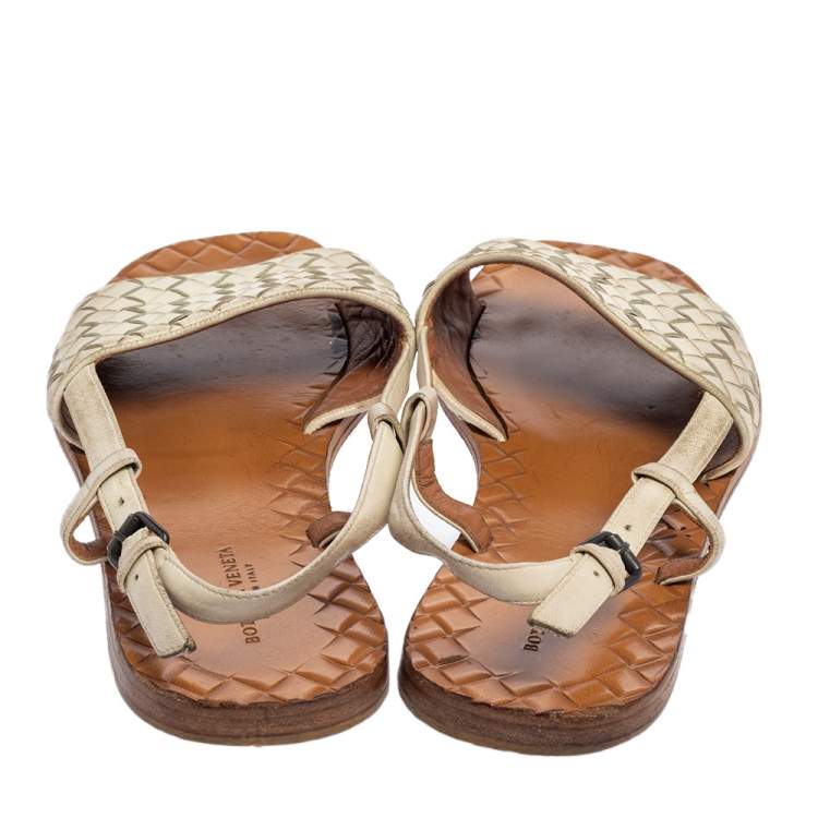Pre Owned  Bottega Veneta White Intrecciato Leather Slingback Sandals Size 36.5