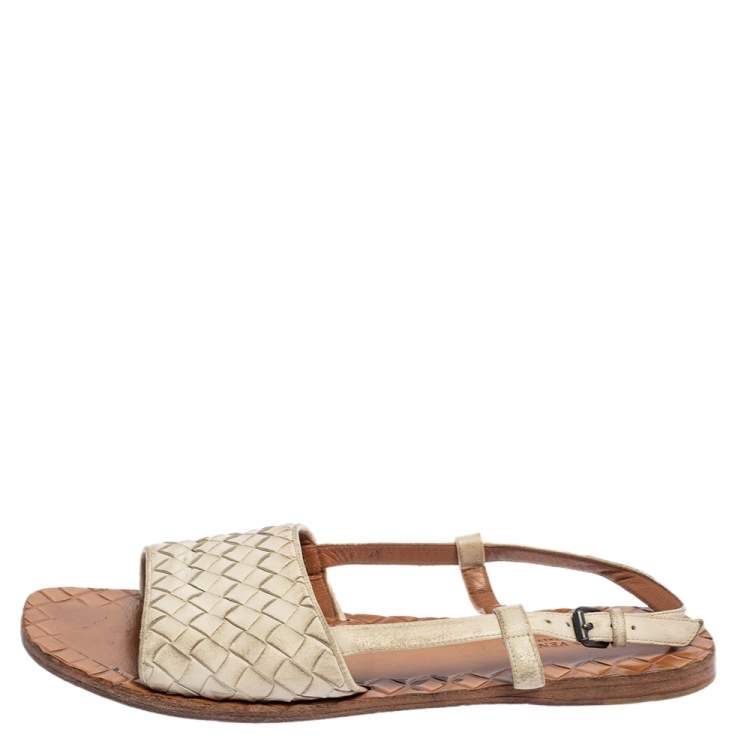 Pre Owned  Bottega Veneta White Intrecciato Leather Slingback Sandals Size 36.5