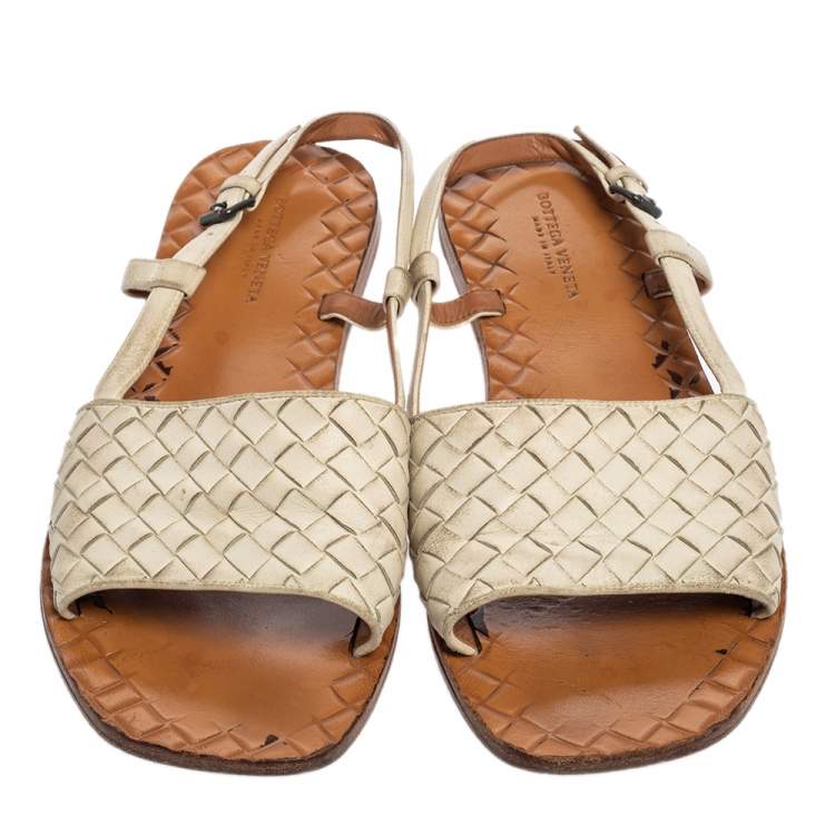 Pre Owned  Bottega Veneta White Intrecciato Leather Slingback Sandals Size 36.5