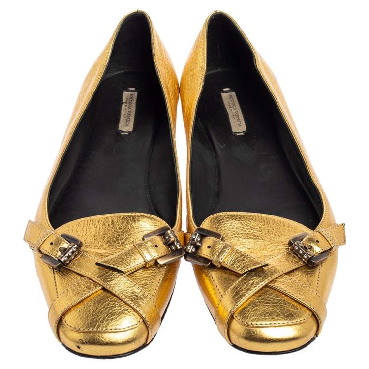 Pre Owned Bottega Veneta Gold Leather Ballet Flats Size 39