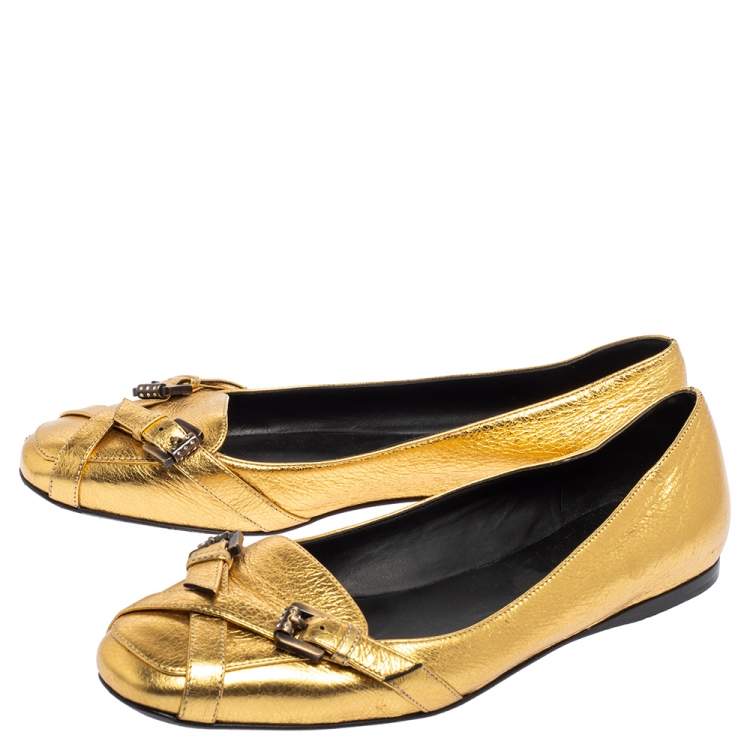Pre Owned Bottega Veneta Gold Leather Ballet Flats Size 39