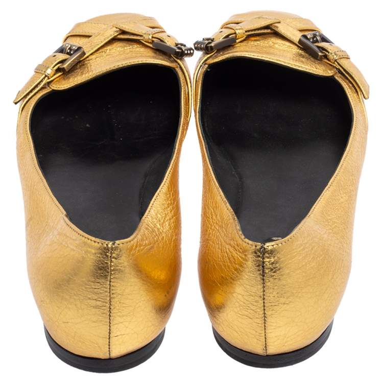 Pre Owned Bottega Veneta Gold Leather Ballet Flats Size 39