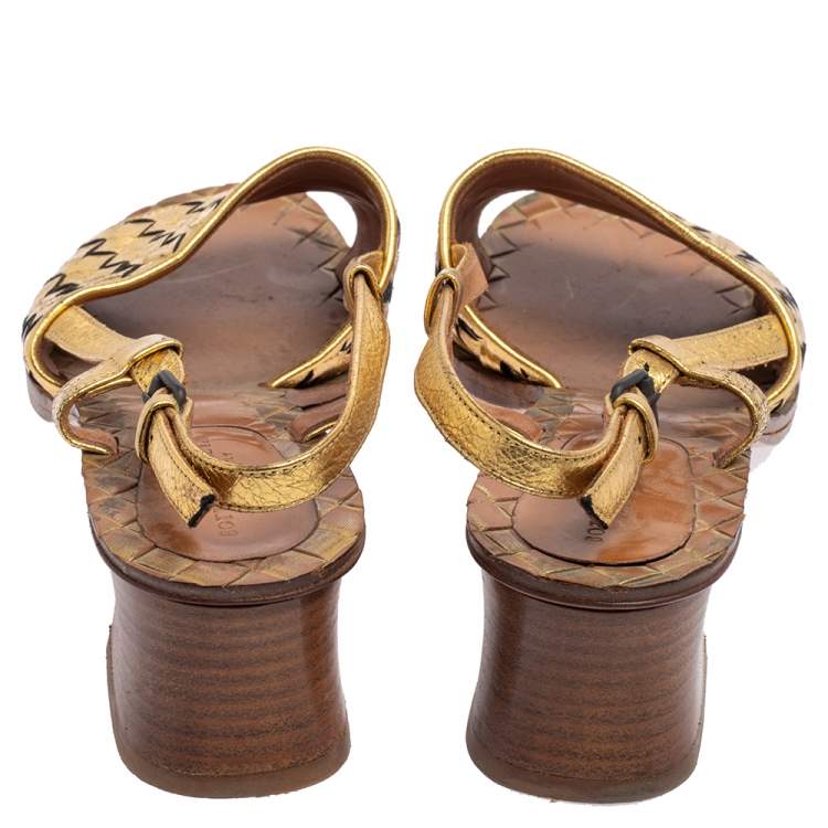 Pre Owned Bottega Veneta Gold Intrecciato Leather Sandals Size 36