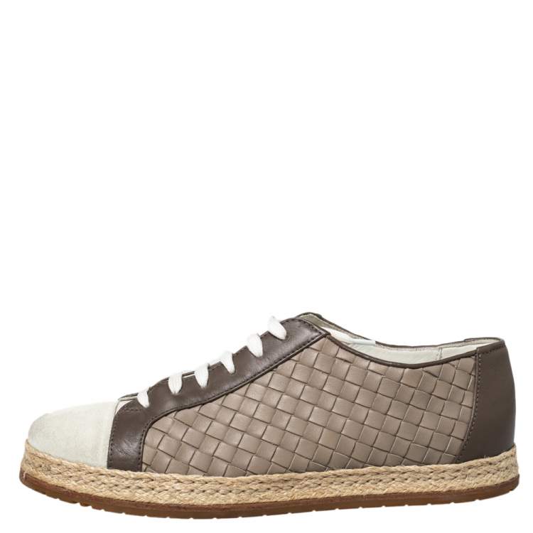 Pre Owned Bottega Veneta Intrecciato Leather And Suede Lace Up Espadrilles Sneakers Size 38