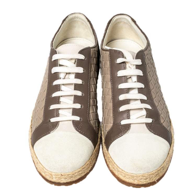 Pre Owned Bottega Veneta Intrecciato Leather And Suede Lace Up Espadrilles Sneakers Size 38