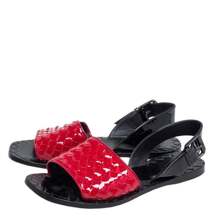 Pre Owned Bottega Black/Red Patent Leather Veneta Slingback Sandals Size 36